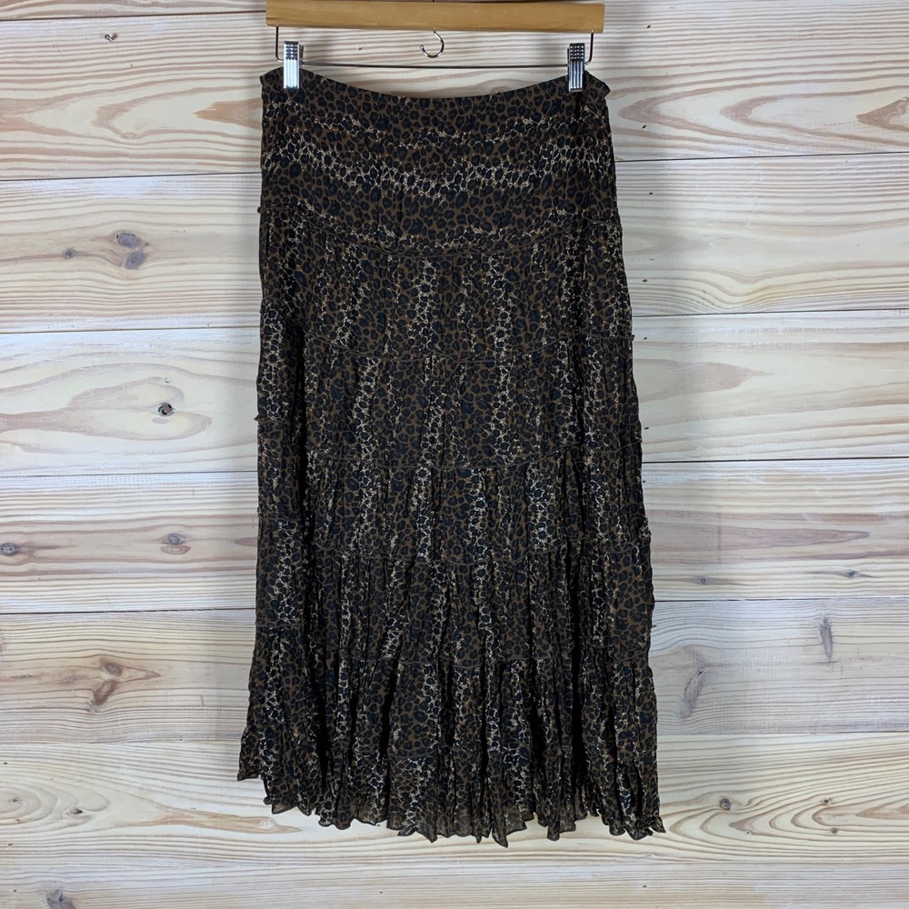 Rene Margo Skirt Women Medium Brown Leopard Print Tiered Midi Dark Boho